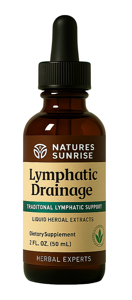 Bottle of Natures Sunrise Lymphatic Drainage supplement on a green background